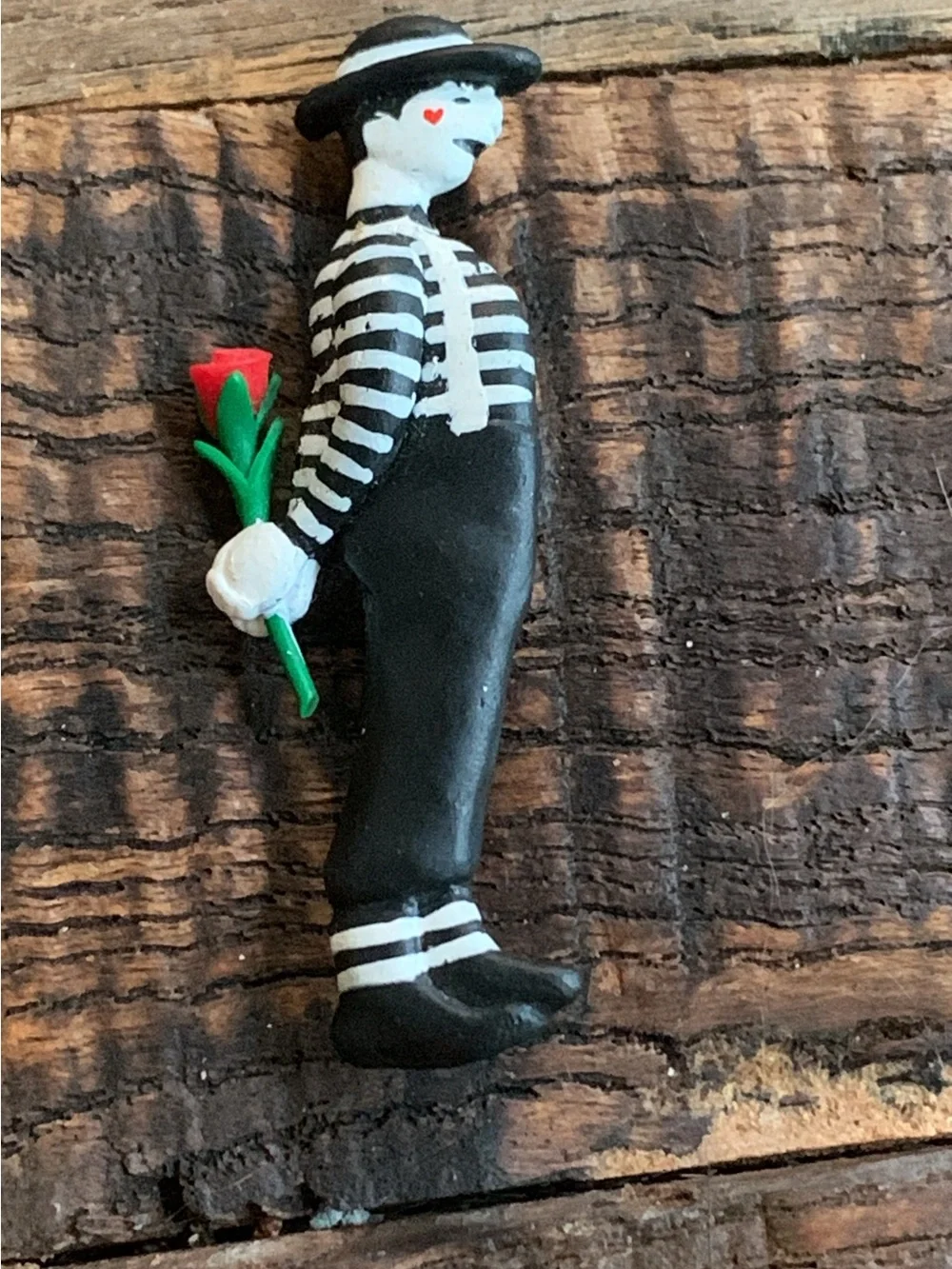 Mime Figurine Pin with Red Rose - Black & White